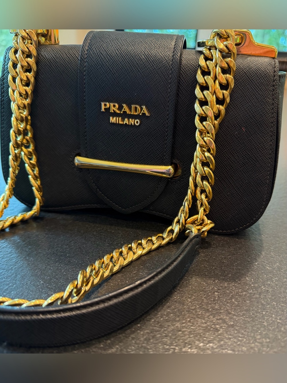 Prada Sidonie Black Saffiano Leather Gold Chain Shoulder Crossbody Designer Bag - Picture 15 of 17